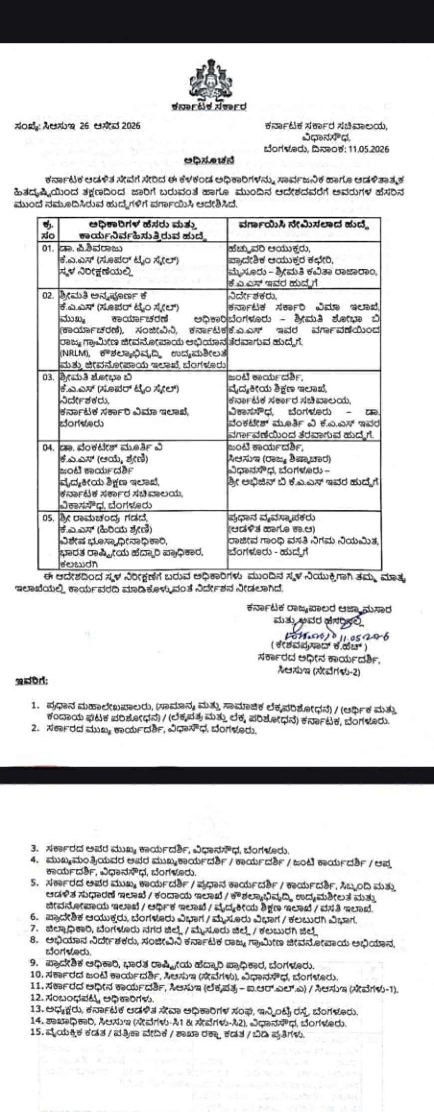 ಕರ್ನಾಟಕ ಆಡಳಿತ ಸೇವೆ ಅಧಿಕಾರಿಗಳ ವರ್ಗಾವಣೆ: ಸರ್ಕಾರದ ಆದೇಶ